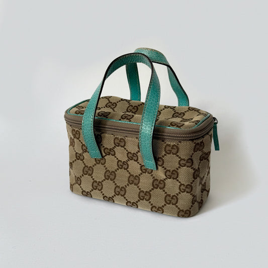 Gucci Brown Monogram & Teal Leather Canvas Small Vanity Bag