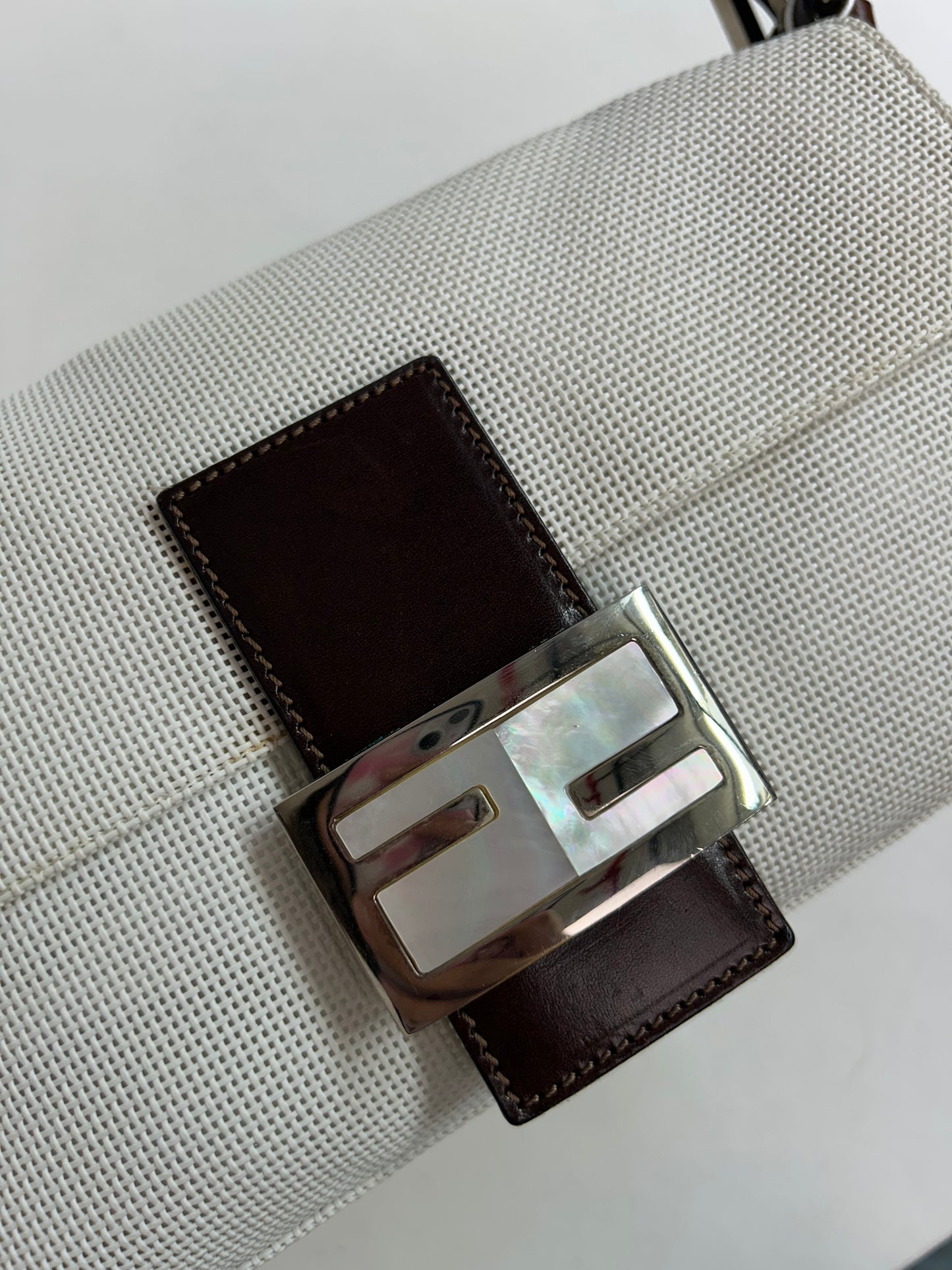 RARE Fendi White & Brown Mesh & Leather Mother Of Pearl Baguette Shoulder Bag