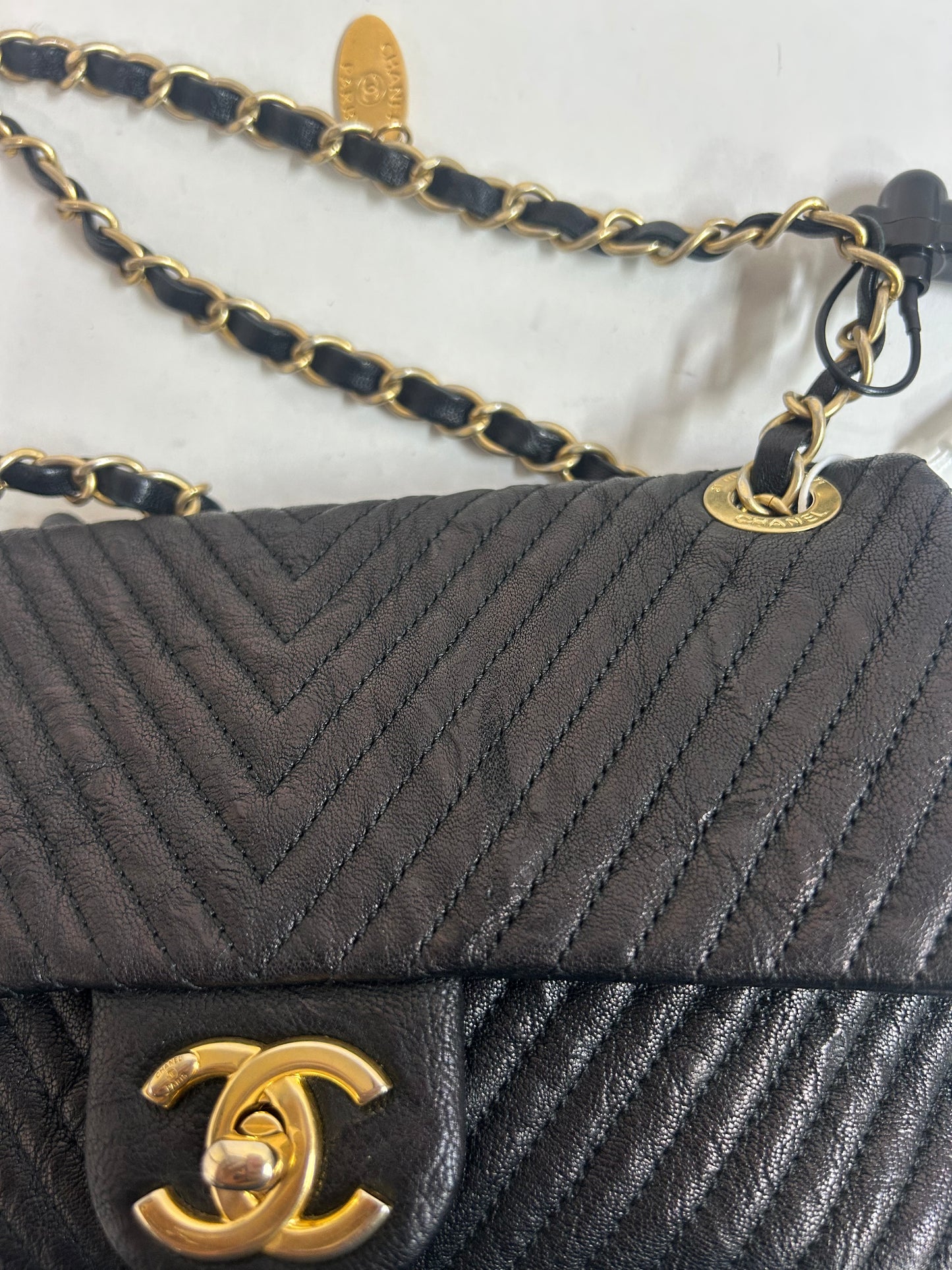 Chanel Black Lambskin Leather Chevron Quilted Mini Flap