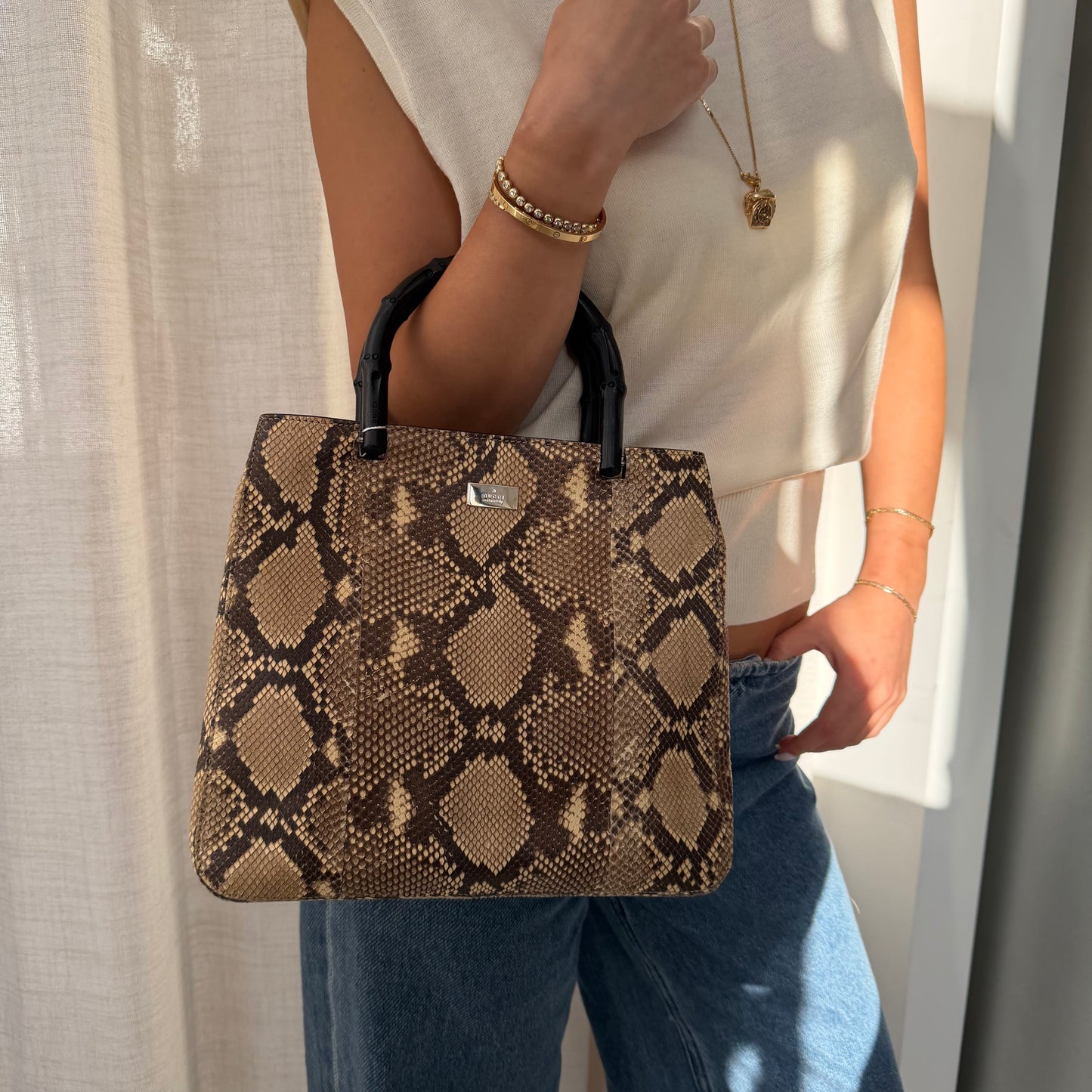 Gucci Brown Multicolored Snakeskin Leather Bamboo Shoulder Bag