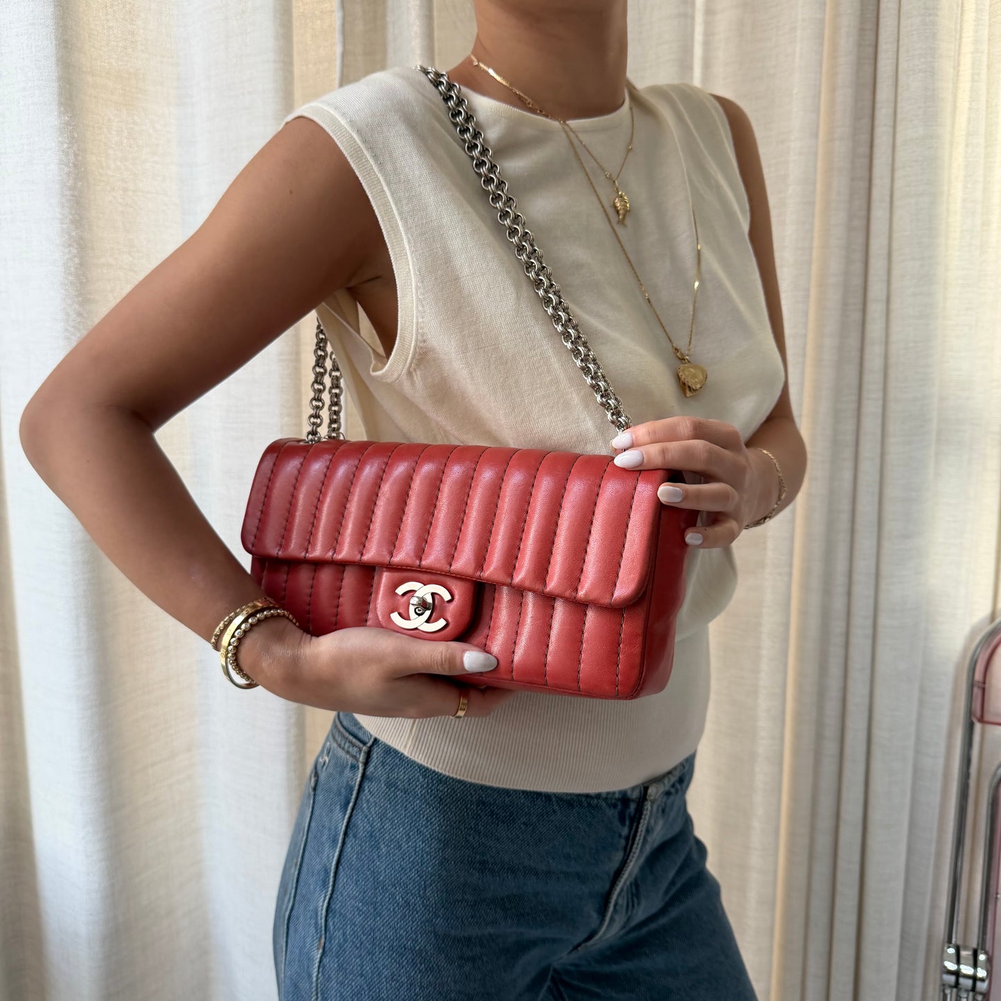 Chanel Red East West Vertical Quilted Bijoux Chain Flap