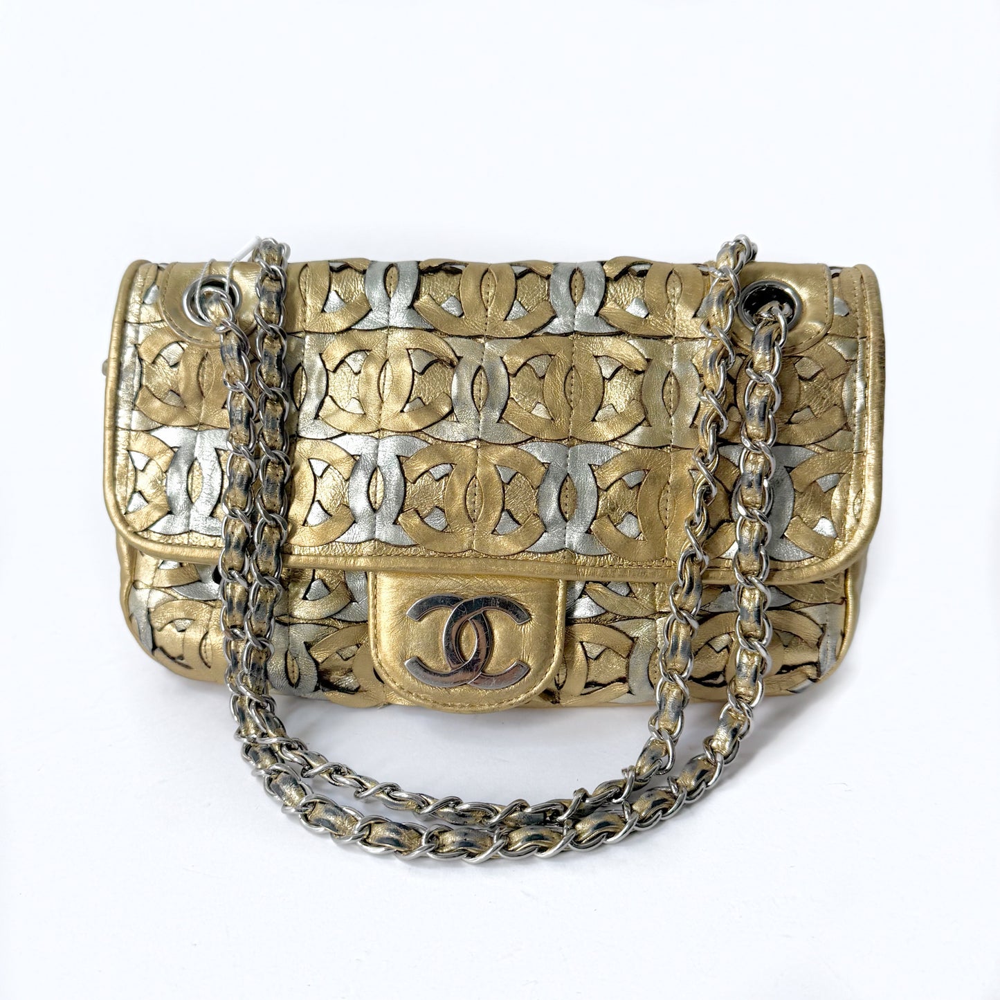 RARE Chanel Gold Metallic CC Cutout Lambskin Medium Flap