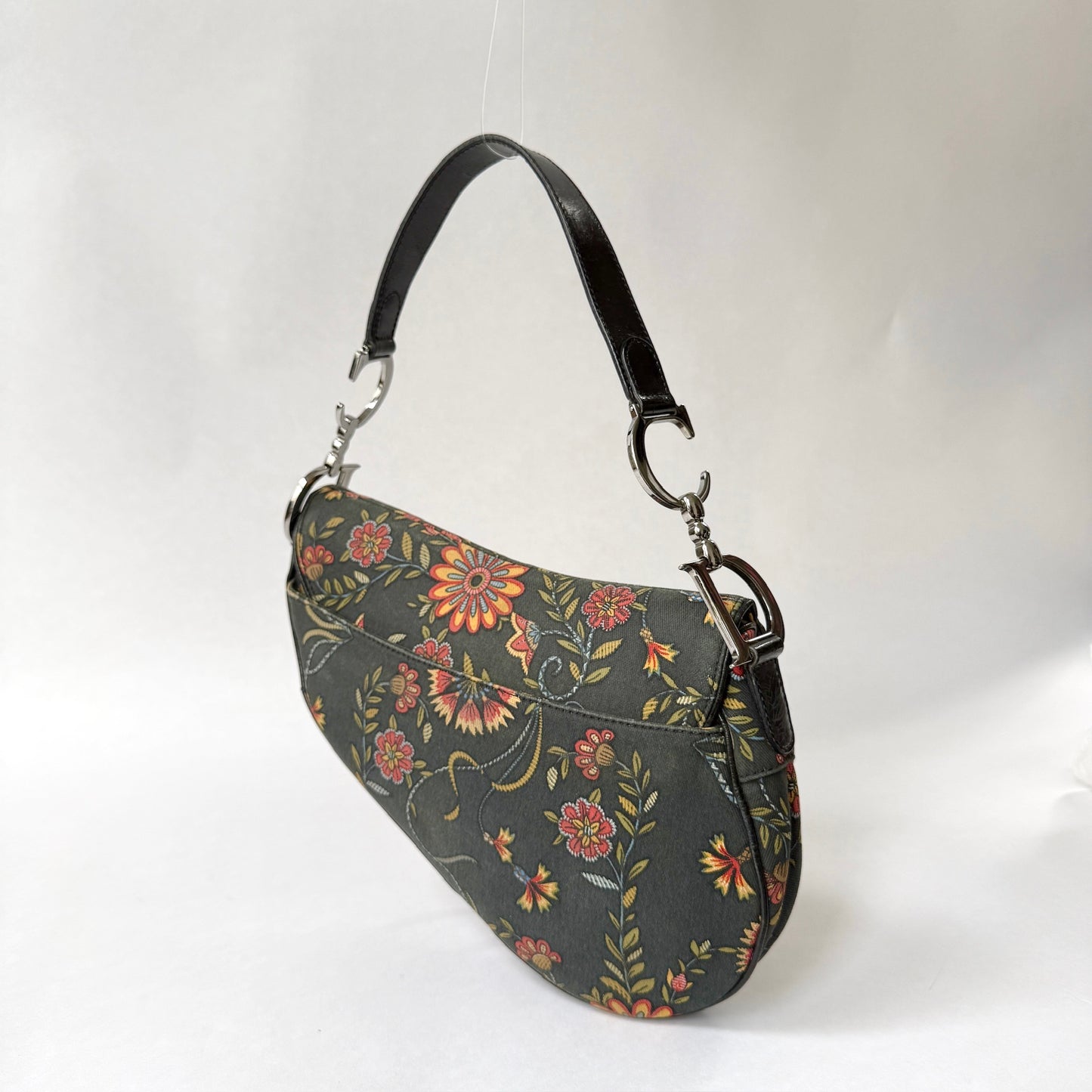 Christian Dior Black Canvas Floral Saddle Bag