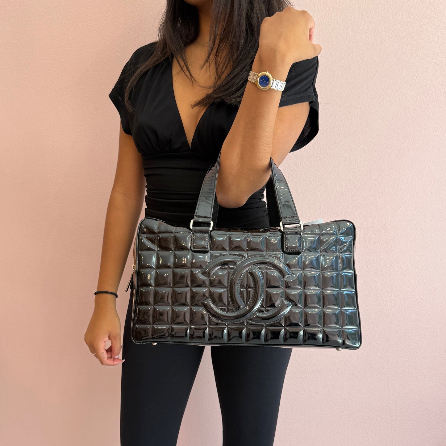 Chanel Black Patent Leather Chocolate Bar Boston Bag