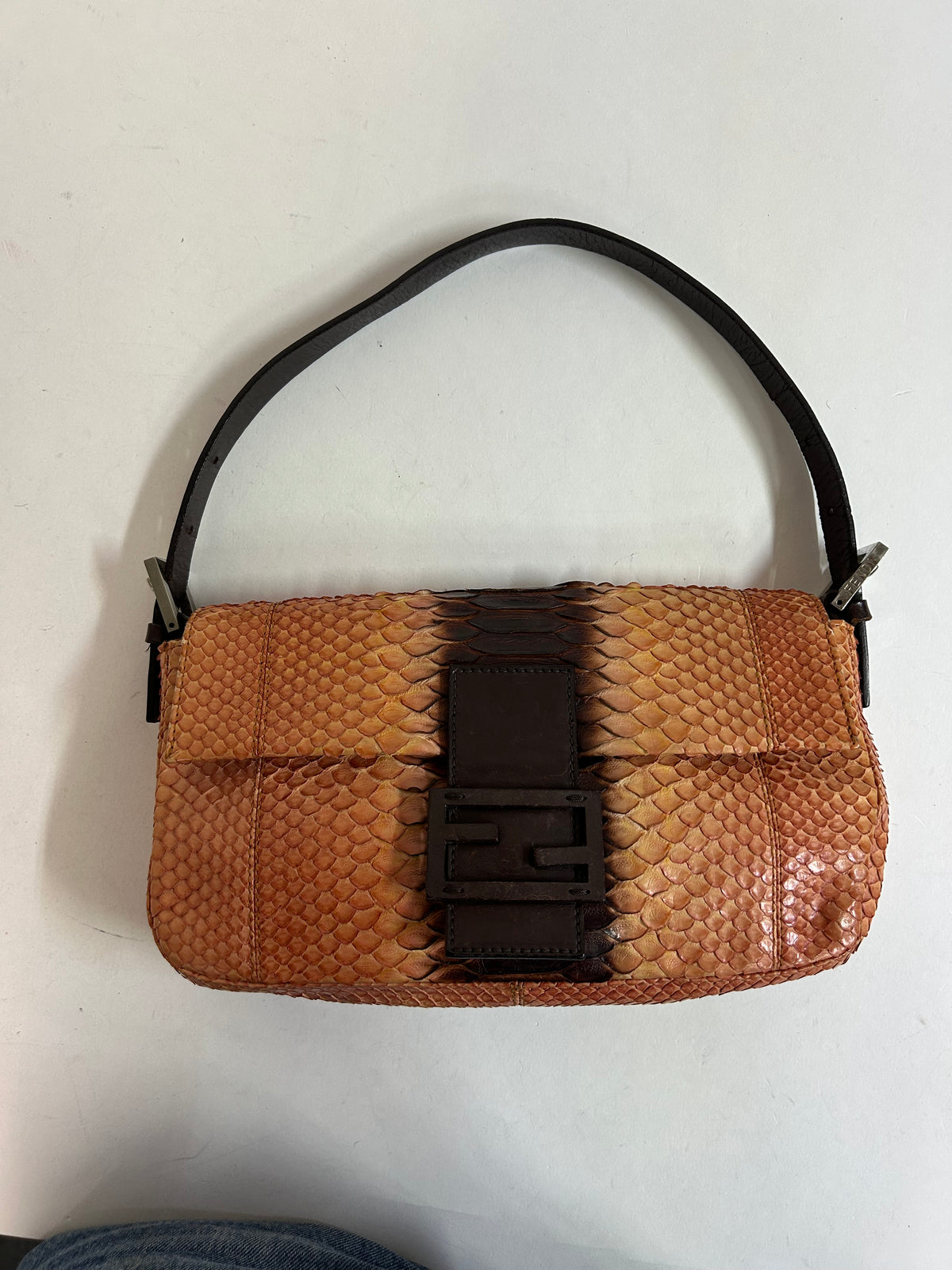 Fendi Orange & Brown Snakeskin Leather Baguette Shoulder Bag