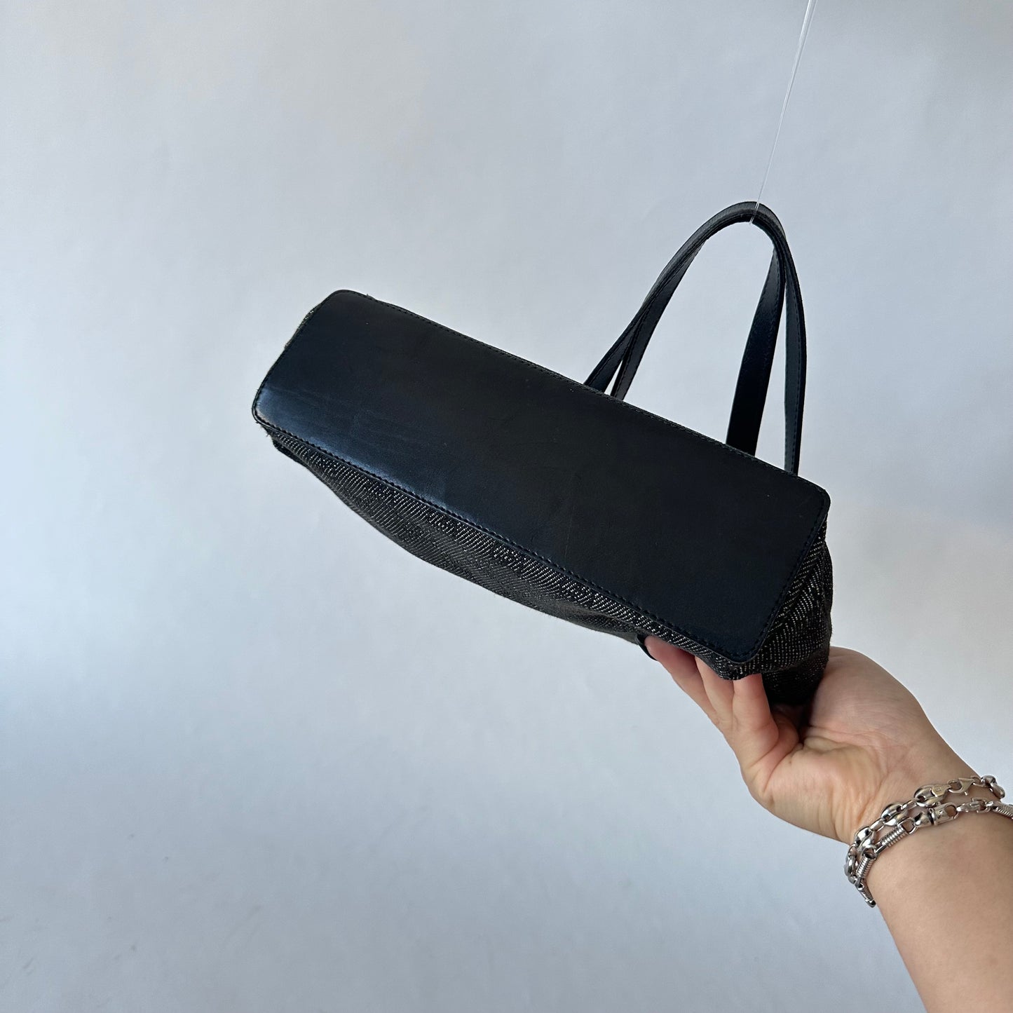 Gucci Black Denim Monogram Shoulder Bag w/ Leather Strap