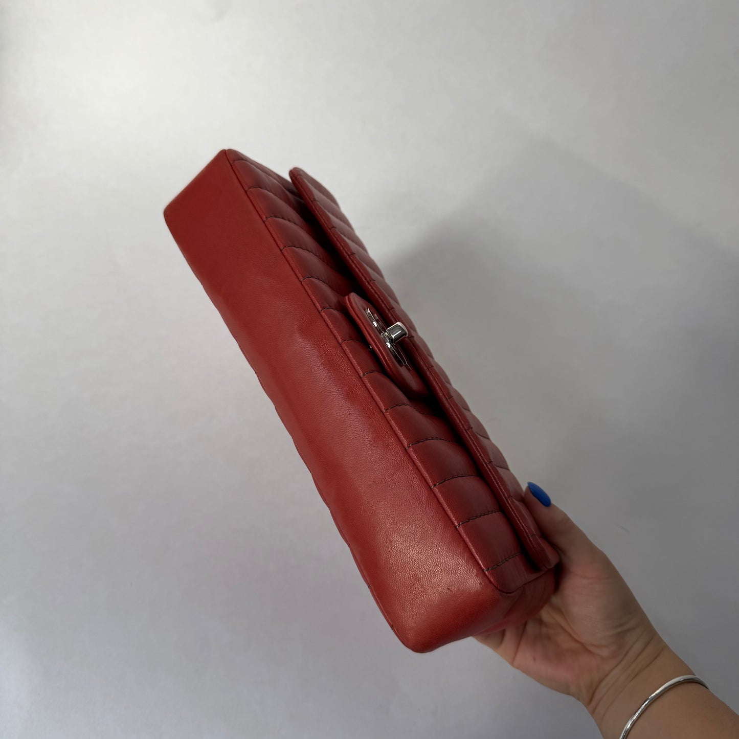 Chanel Red East West Vertical Quilted Bijoux Chain Flap