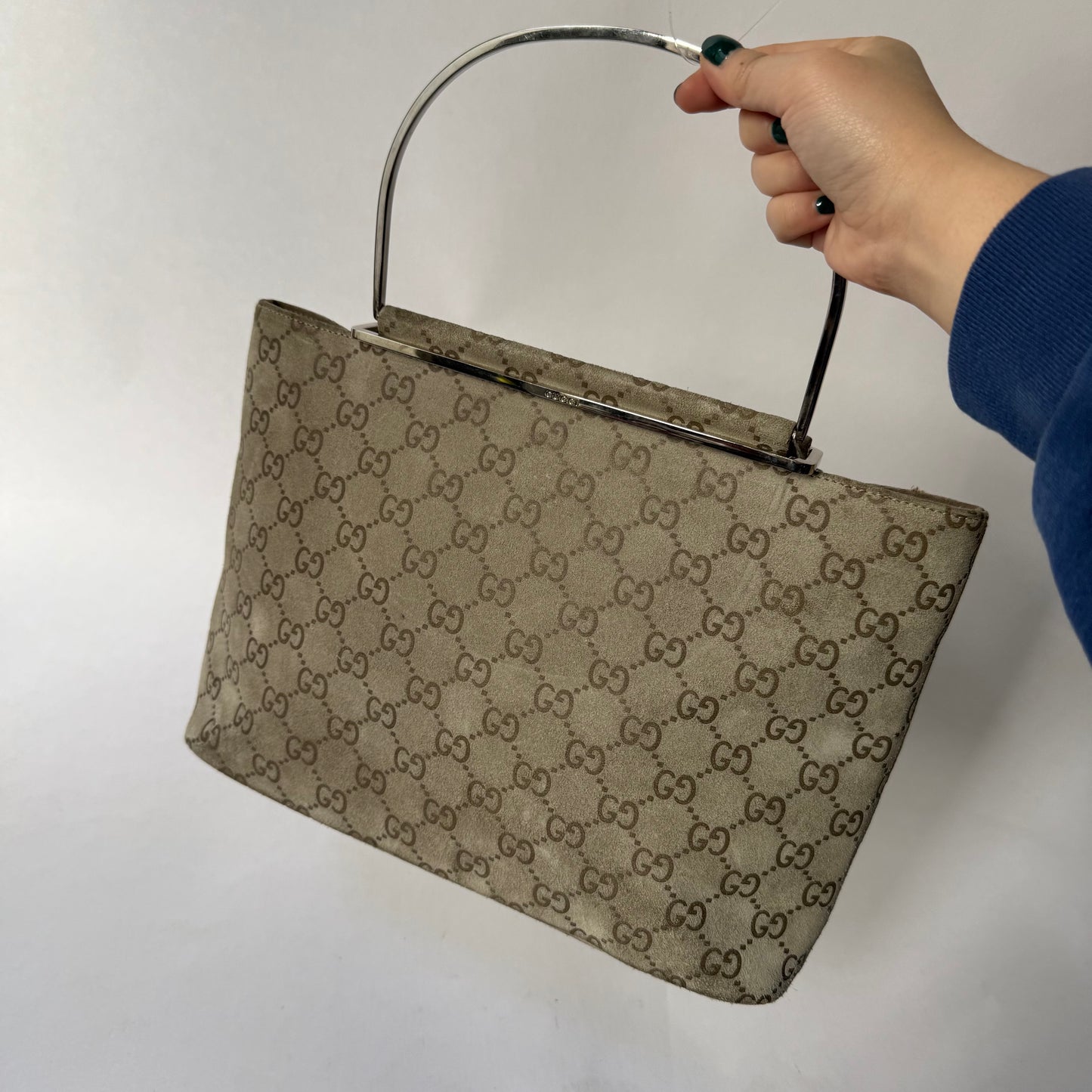 Gucci Beige Suede Monogram SIlver Top Handle Bag