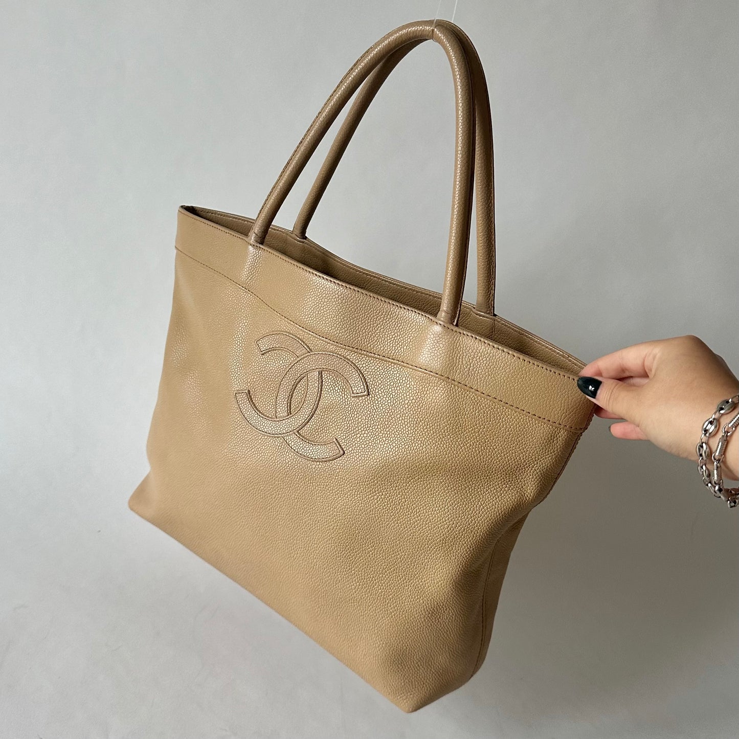 Chanel 2000 Beige Coco Mark Caviar Leather Tote Bag