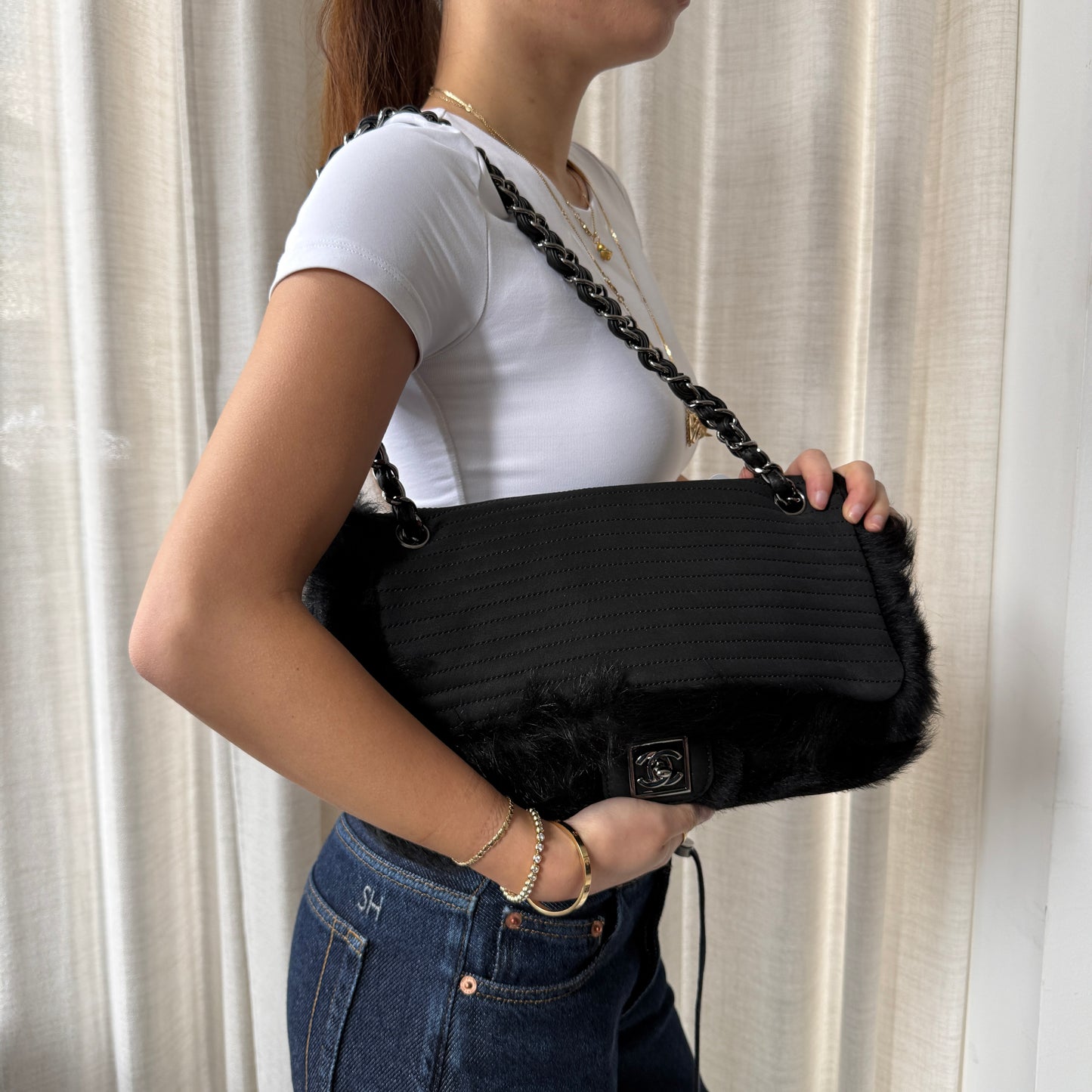 Chanel Black Suede & Fur Vertical Flap