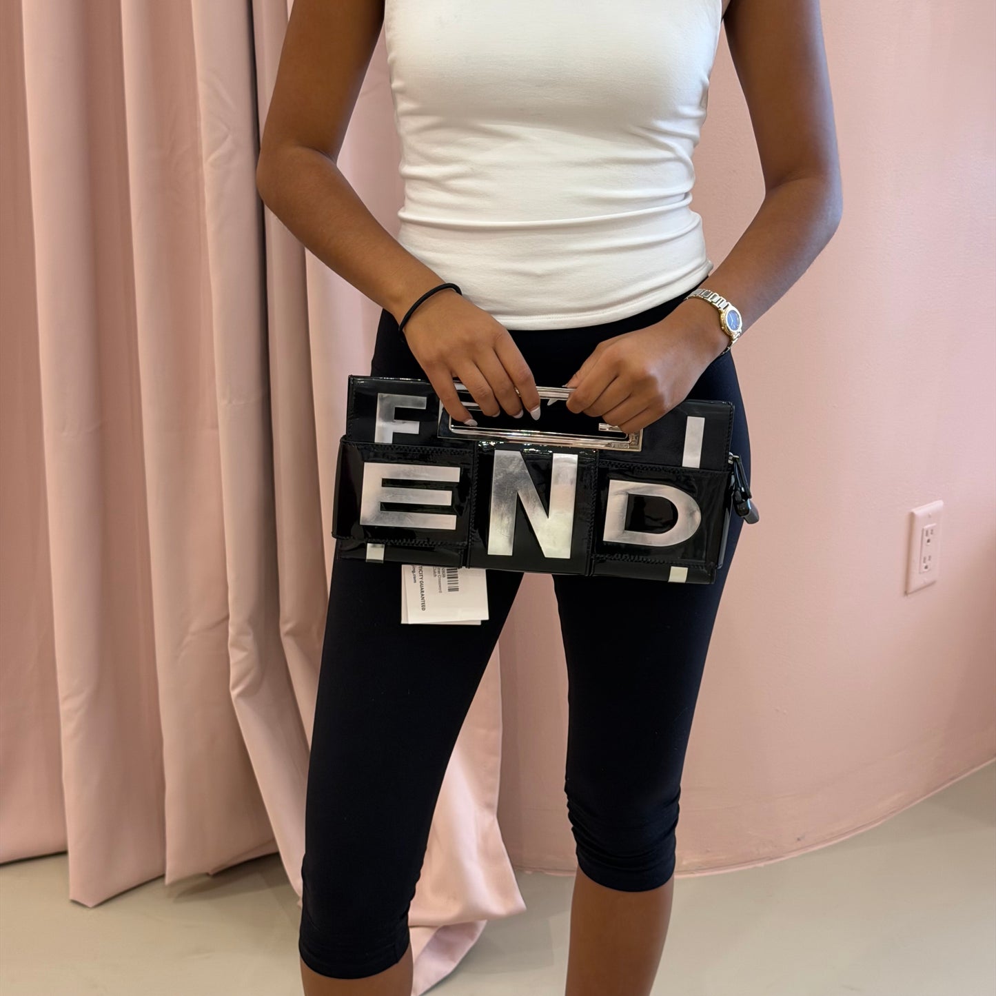 Fendi Black Patent Leather Crossword Top Handle Clutch