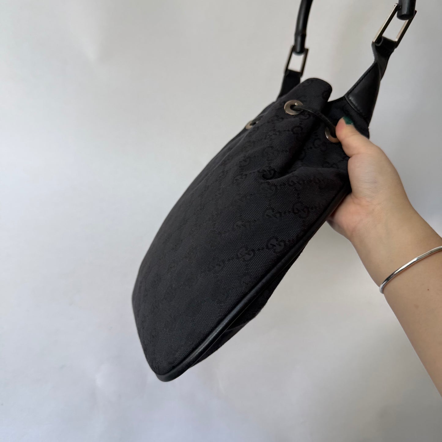 Gucci Black Monogram Bamboo Handle Tote Bag