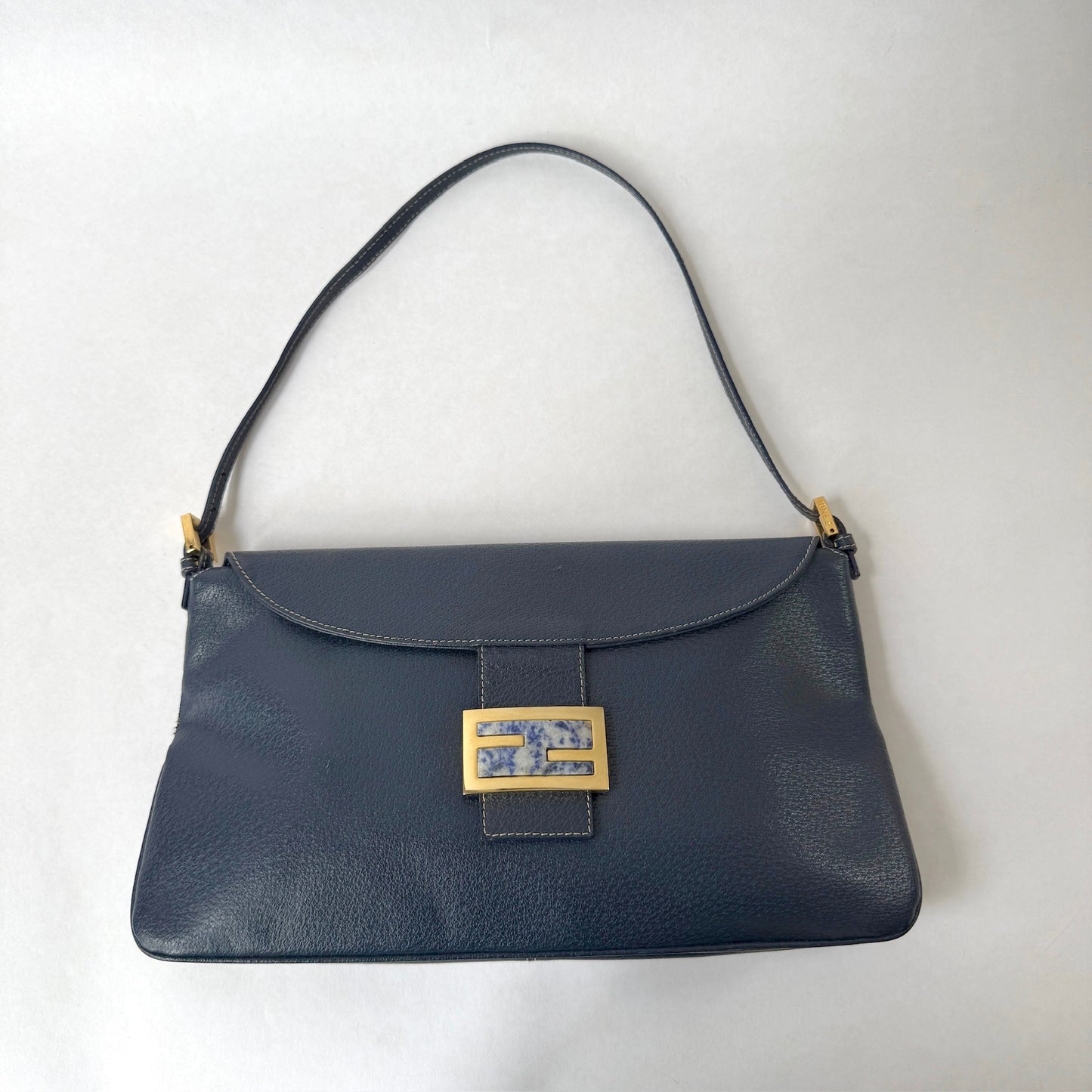Fendi Navy Blue & Stone Hardware Flap Over Baguette Shoulder Bag