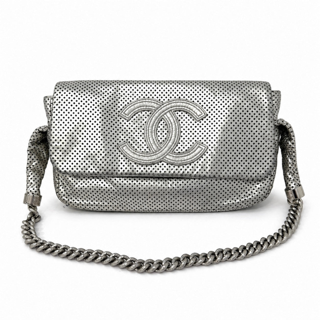 Chanel 2008 Silver Metallic Perforated Leather Rodeo Drive Shoulder Bag
