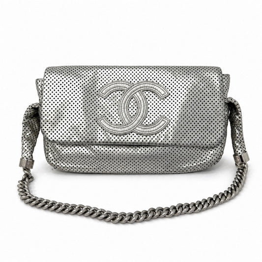 Chanel 2008 Silver Metallic Perforated Leather Rodeo Drive Shoulder Bag