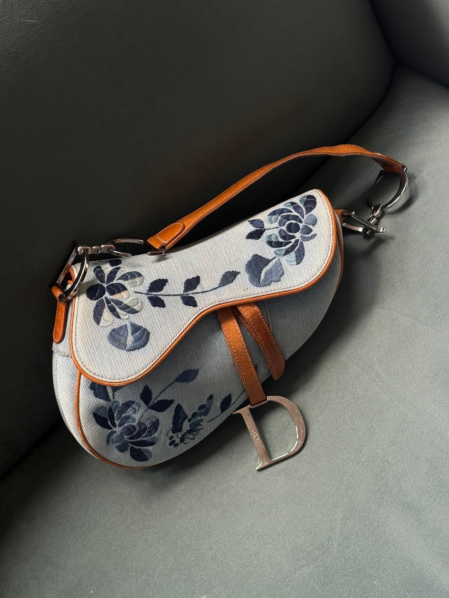 RARE Christian Dior 2005 Denim Floral Embroidered Saddle Bag