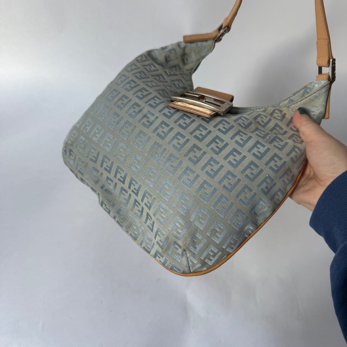 Fendi Blue Canvas Zucchino Baguette Hobo Bag