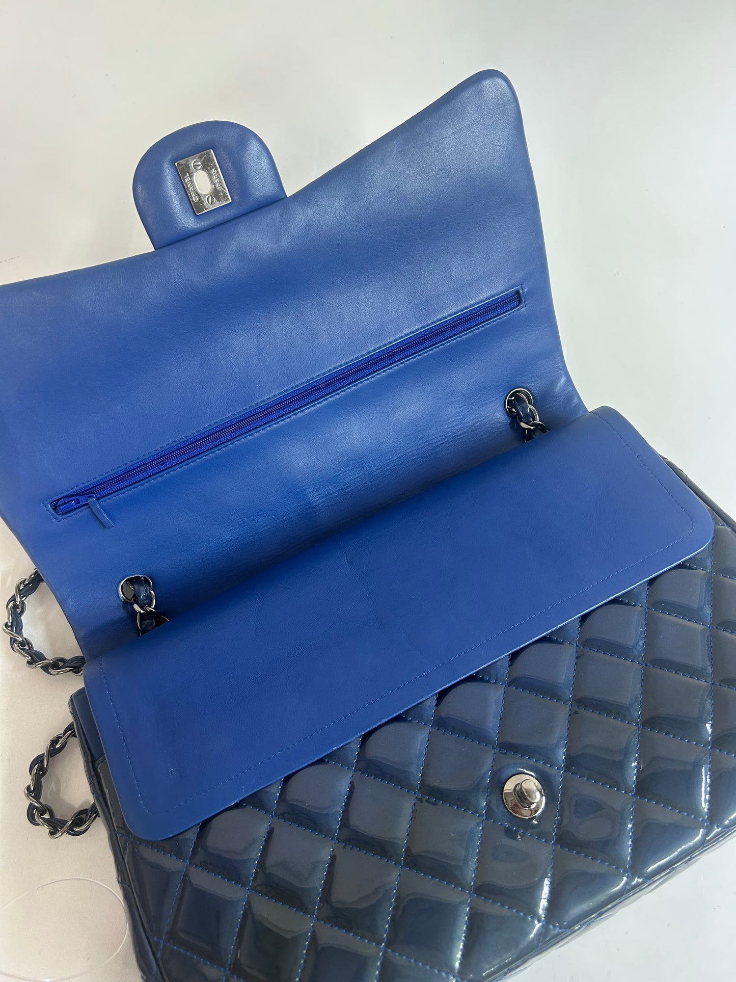 Chanel Patent Leather Blue Jumbo Double Flap Shoulder Bag