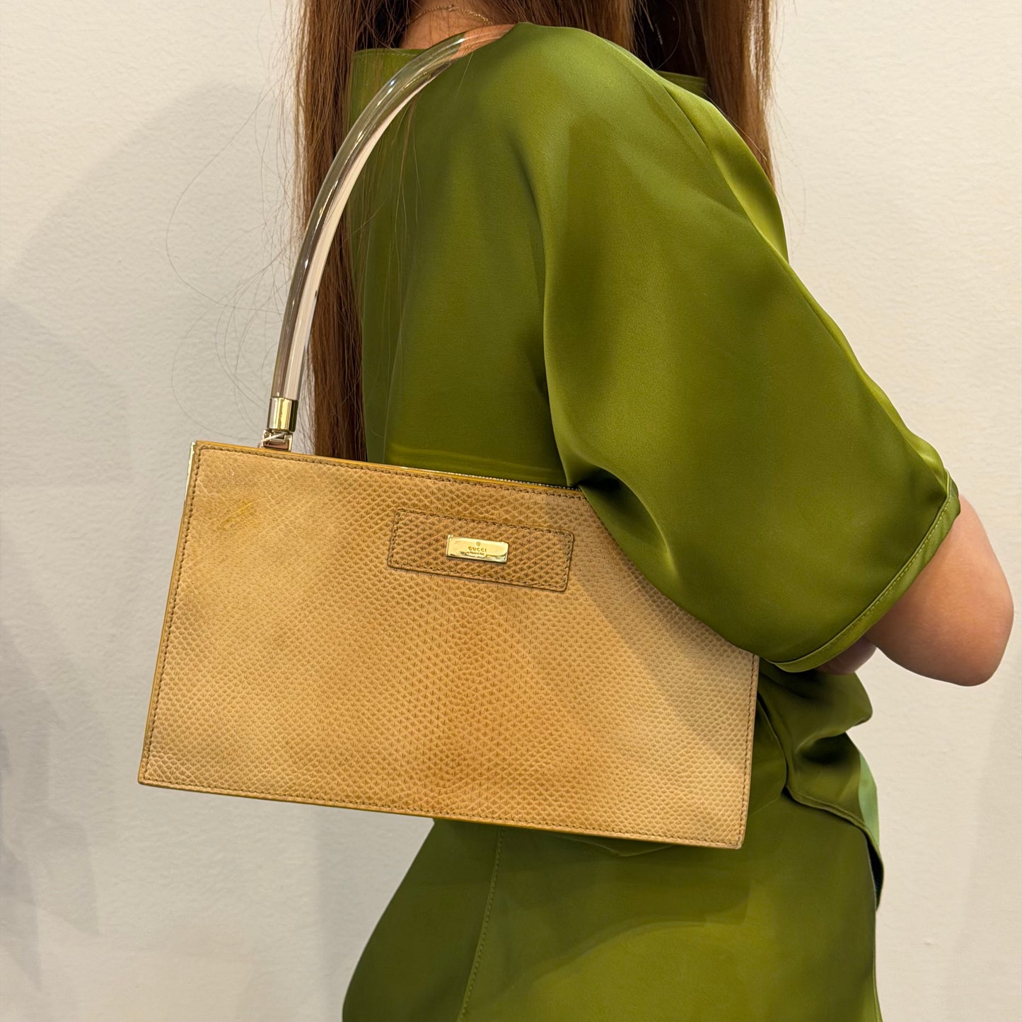 Gucci Brown Lizard Leather Acrylic Handle Shoulder Bag