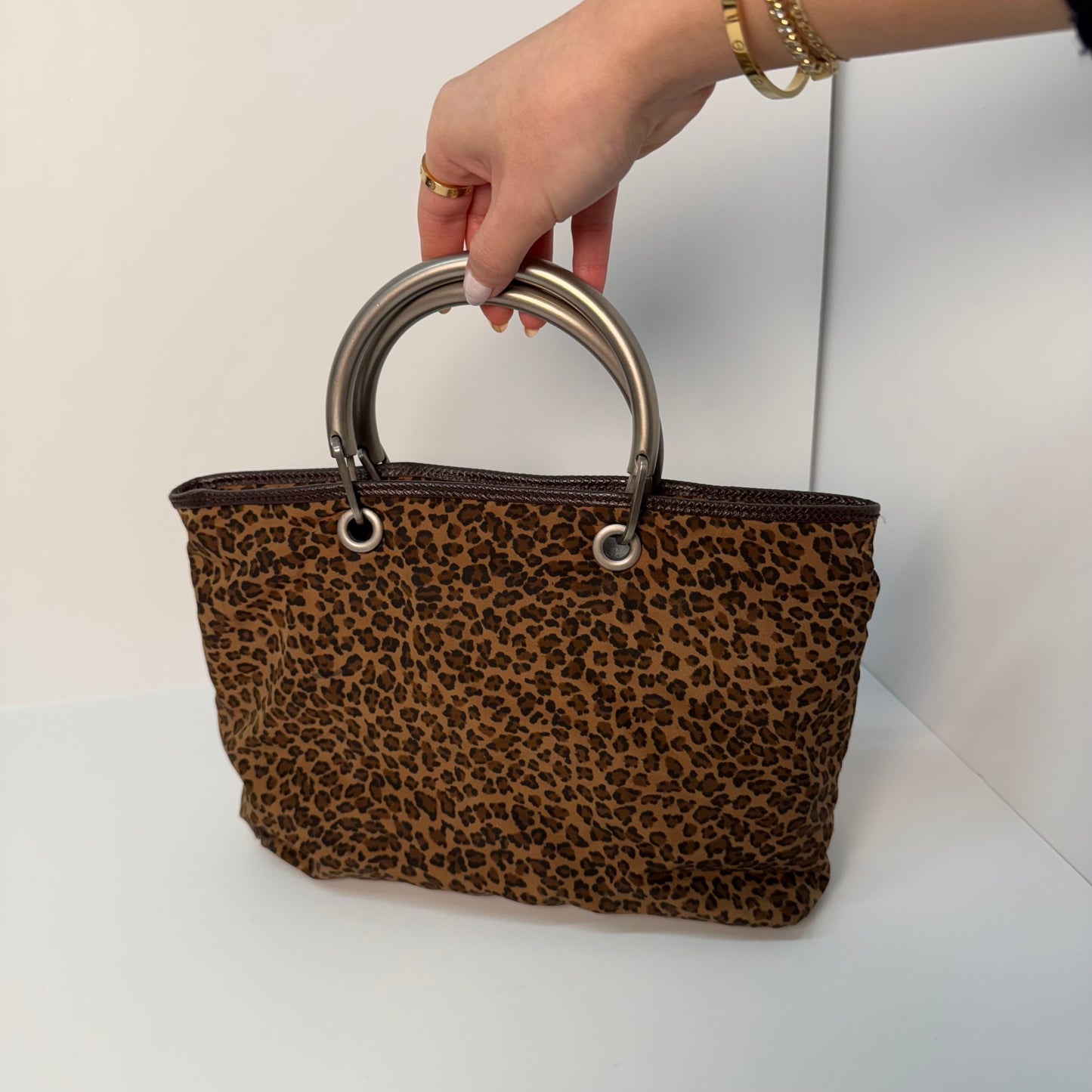 Bottega Veneta Cheetah Nylon Silver Top Handle Bag