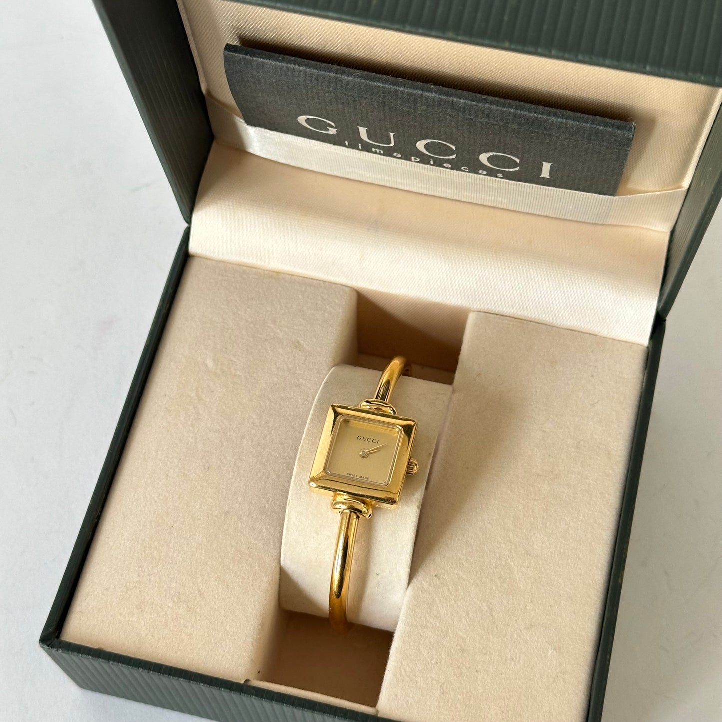 Gucci 18k GP Gold Square Dial Bangle Watch
