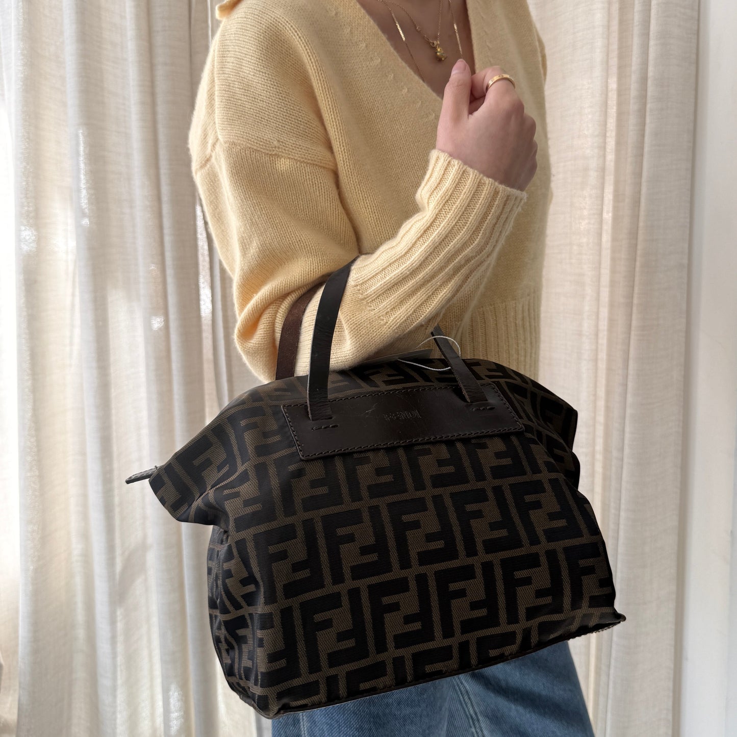 Fendi Brown Zucca Canvas Leather Handle Tote