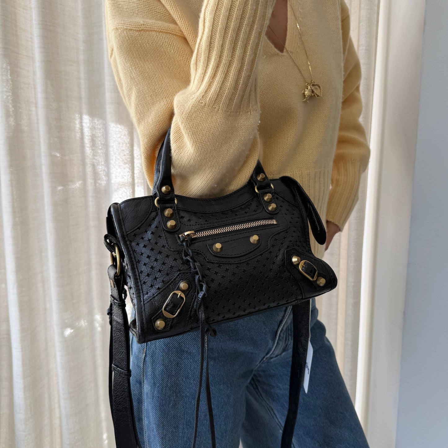 Balenciaga Black Perforated Leather Mini City Bag w/ Crossbody Strap