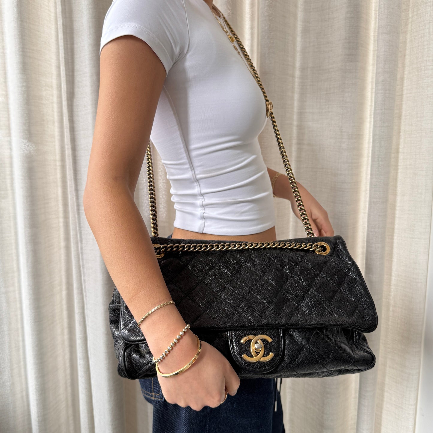 Chanel 2012 Black Crumple Effect Caviar Shiva Slouchy Camera Flap Bag