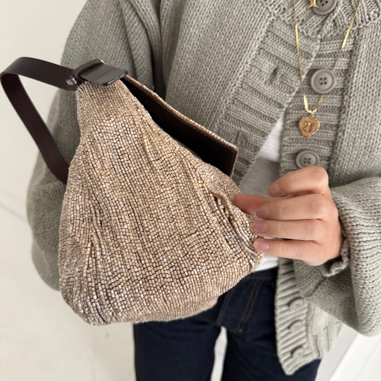 Fendi Cream Beaded Mamma Baguette Shoulder Bag