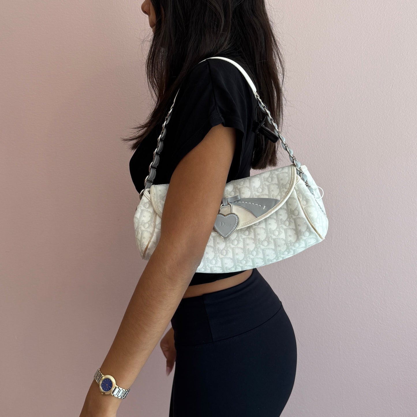 Christian Dior White & Gray PVC Leather Shoulder Bag