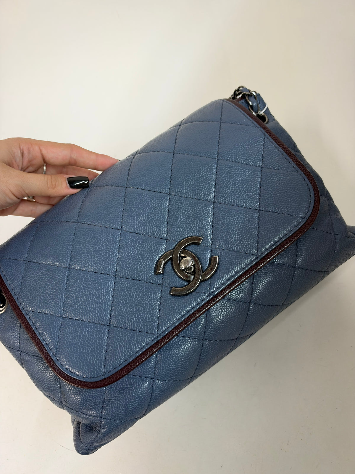 Chanel Blue Caviar Maroon Trim Flap Bag