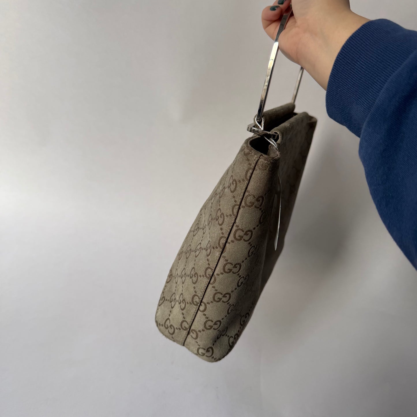Gucci Beige Suede Monogram SIlver Top Handle Bag