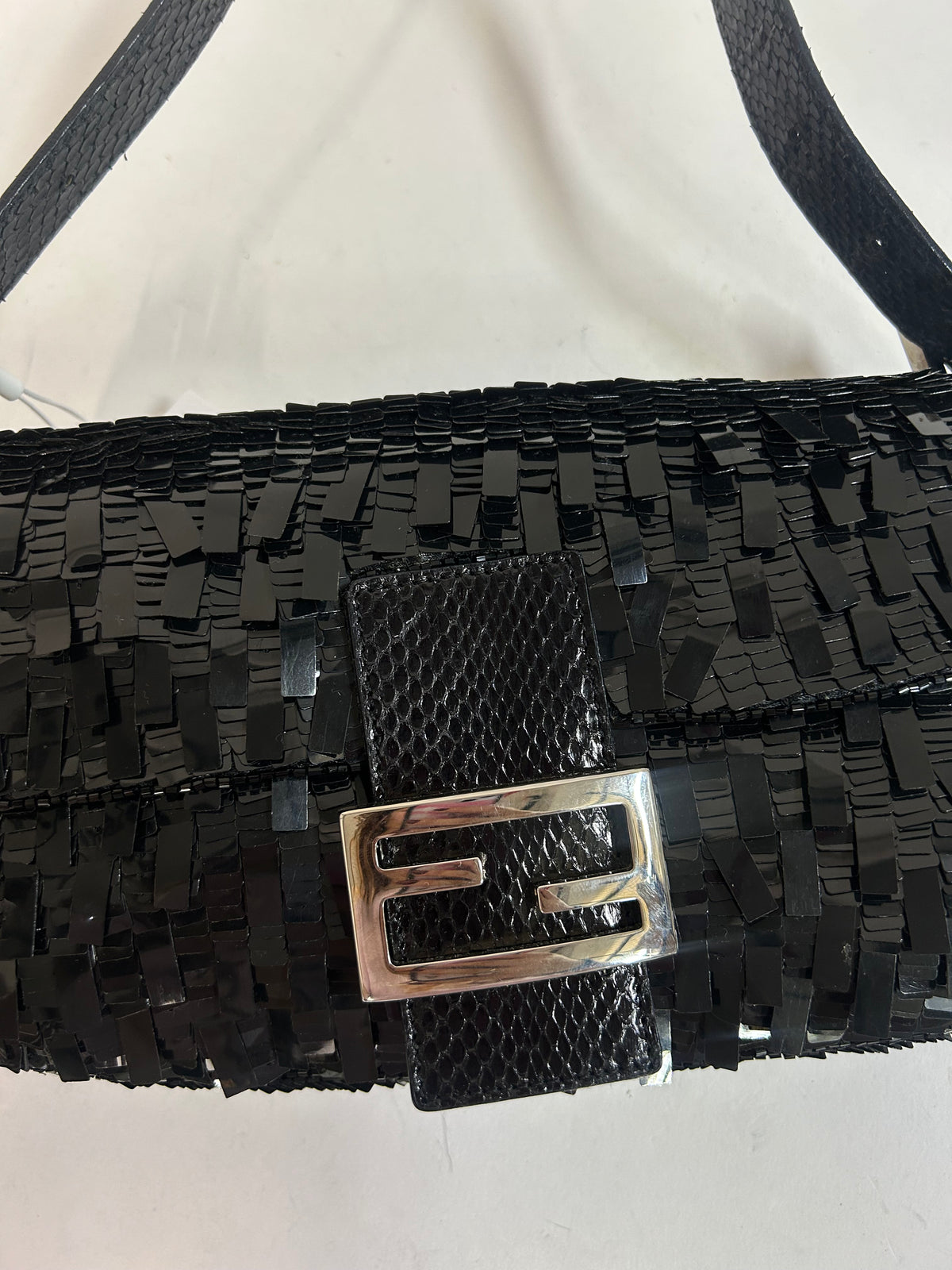 Fendi Black Sequin & Python Baguette Shoulder Bag