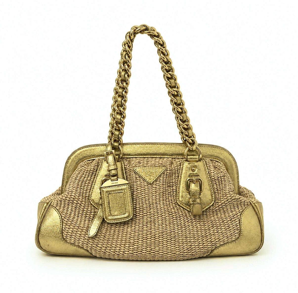 Prada Gold & Beige Raffia Chain Shoulder Bag