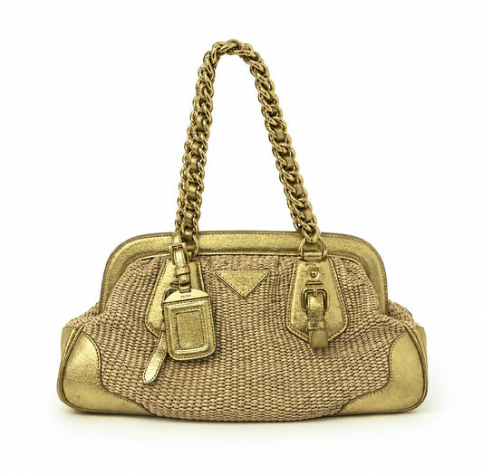 Prada Gold & Beige Raffia Chain Shoulder Bag
