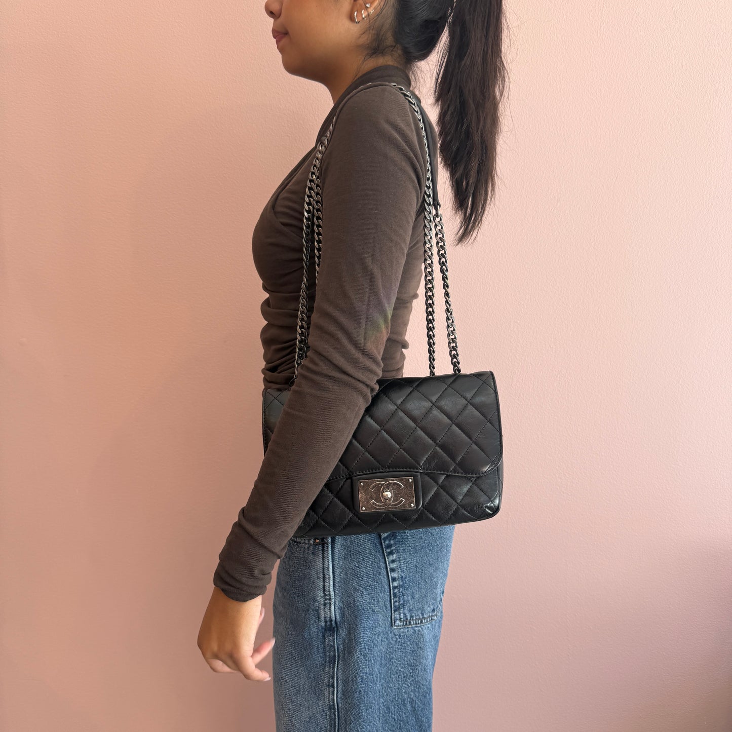 Chanel 2015 Black Lambskin Leather Quilted Medium Flap