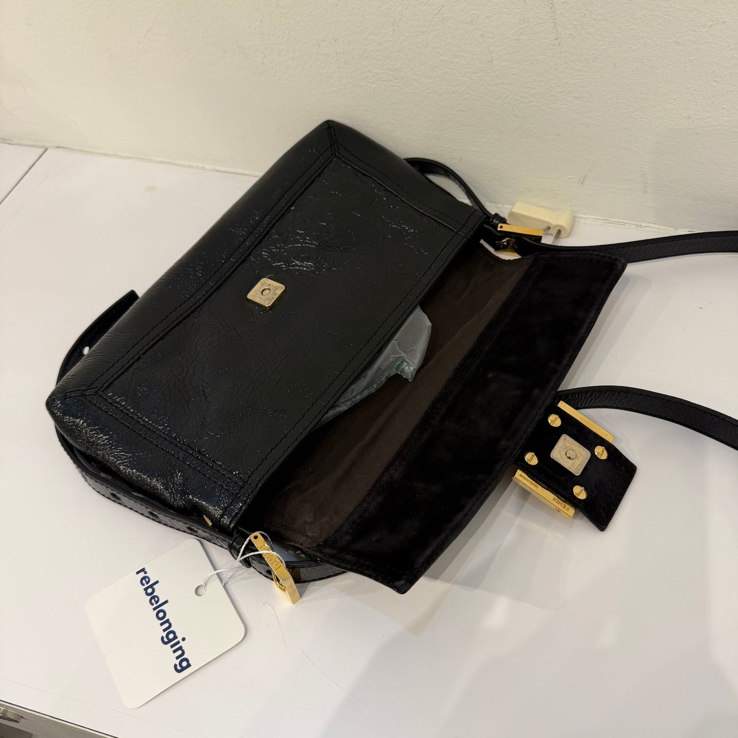 Fendi Black Crinkle Patent Leather Long Strap Baguette