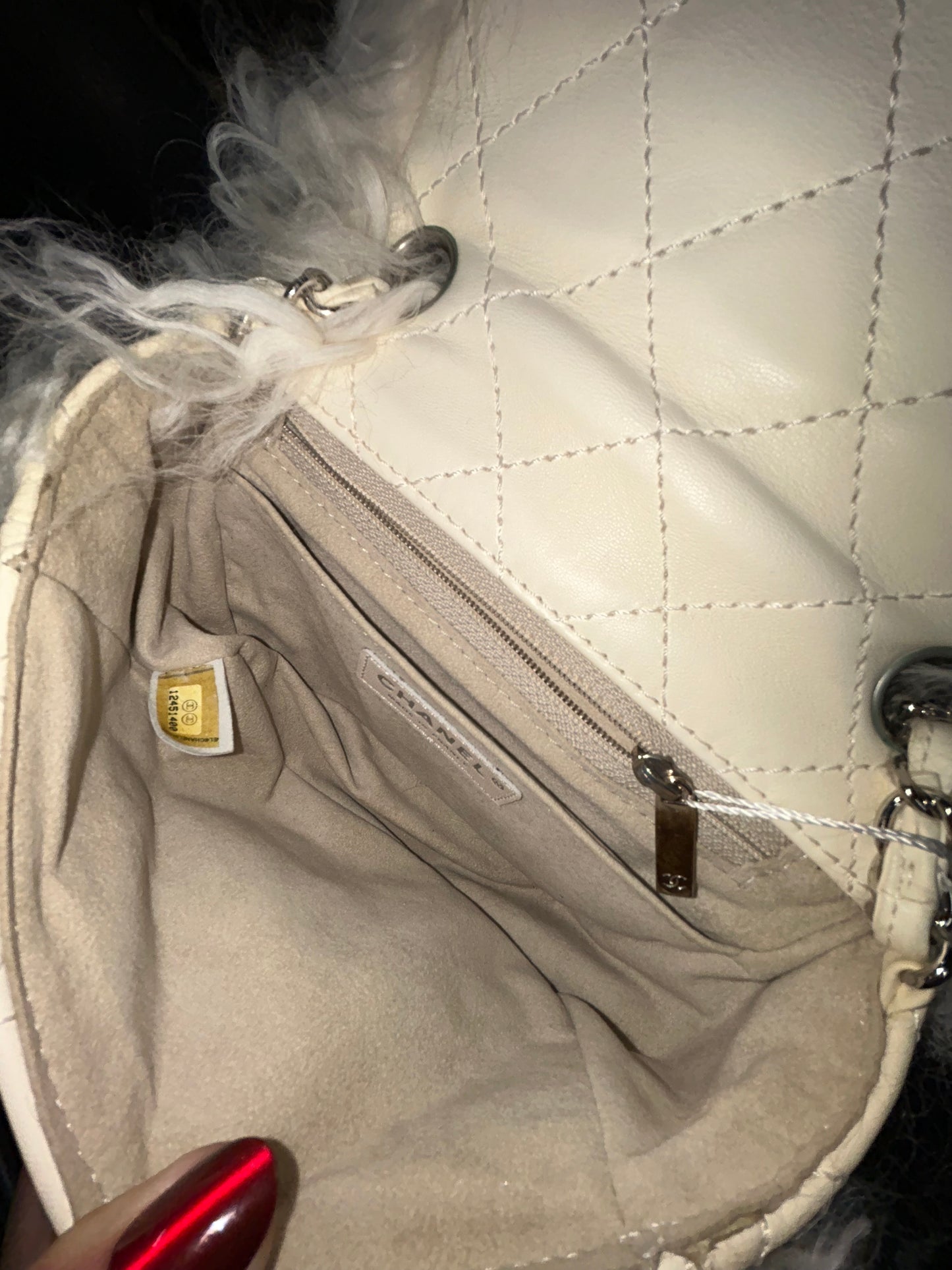 RARE Chanel White Lambskin & Mongolian Fur Mini Flap SHW