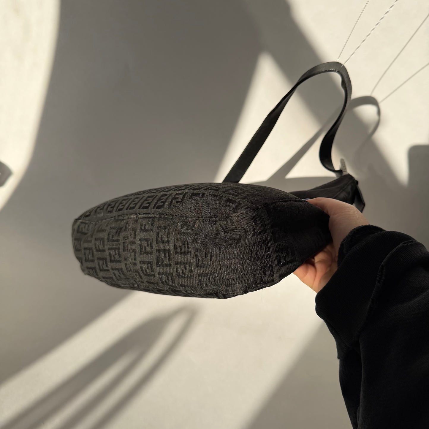 Fendi Black Zucchino Canvas Moon Hobo Bag