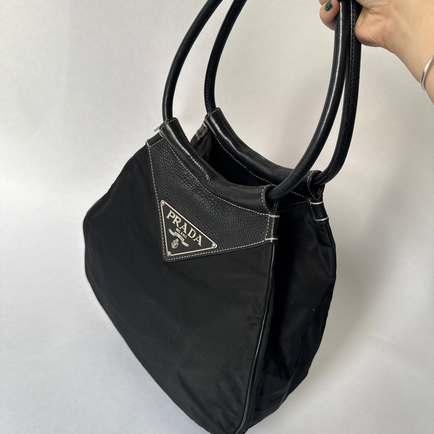 Prada Black Nylon & Leather Top Handle Shoulder Bag