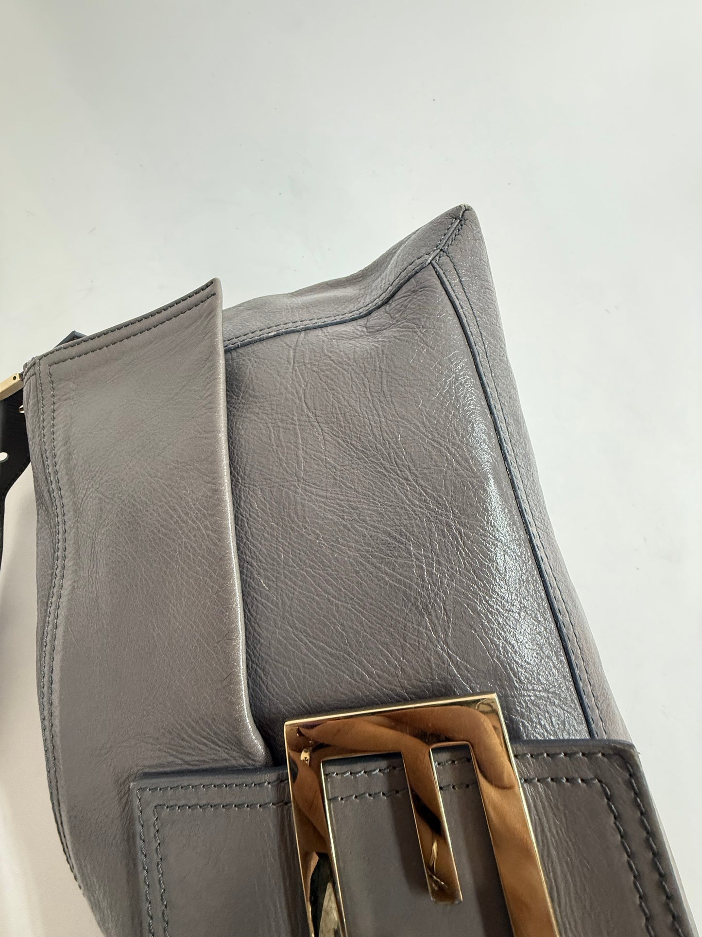 Fendi Grey Leather Maxi Baguette Flap Shoulder Bag