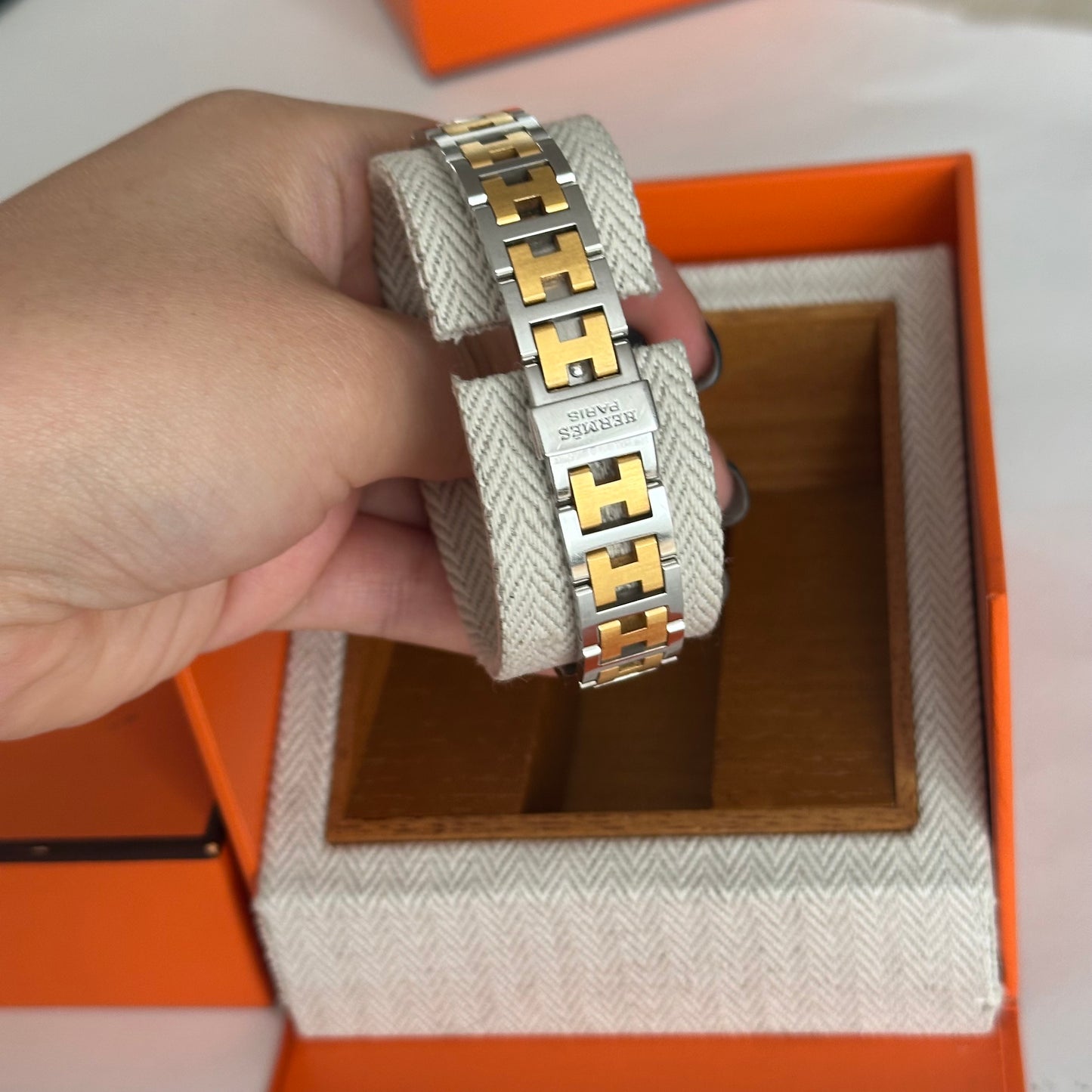 Hermes Croisiere Tank White Dial Two Tone Watch w/ Box