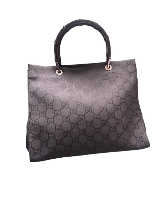 Gucci Black Canvas Monogram Bamboo Handle Tote Bag
