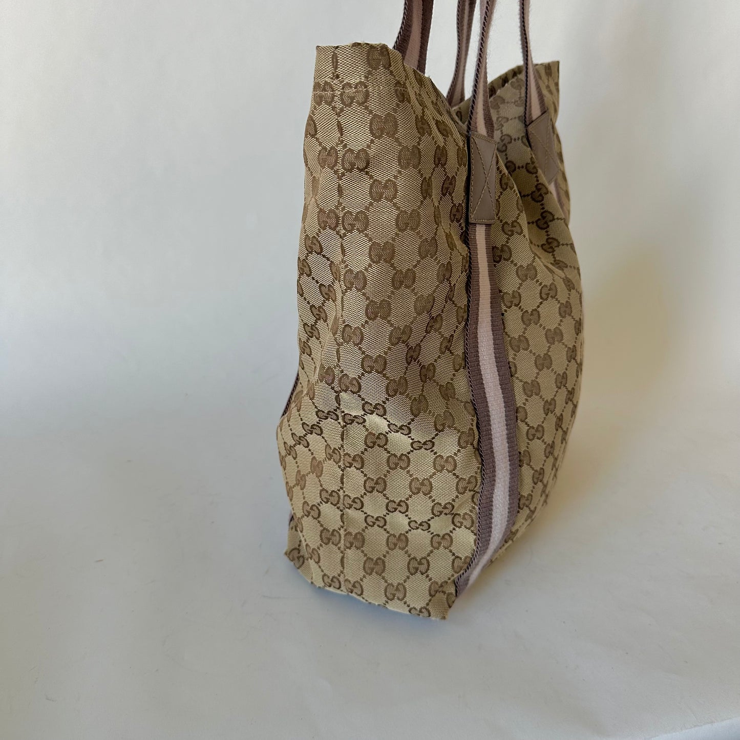 Gucci Brown Monogram Tote W/ Lilac Web Stripe