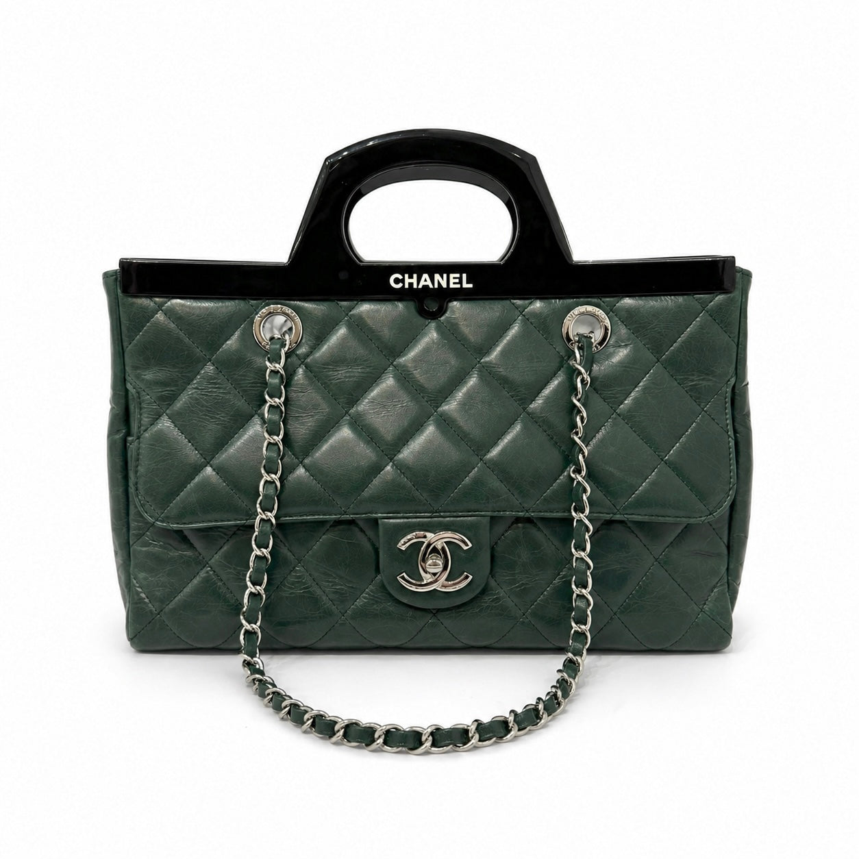 RARE Chanel Green Lambskin Leather Quilted Delivery Tote Bag