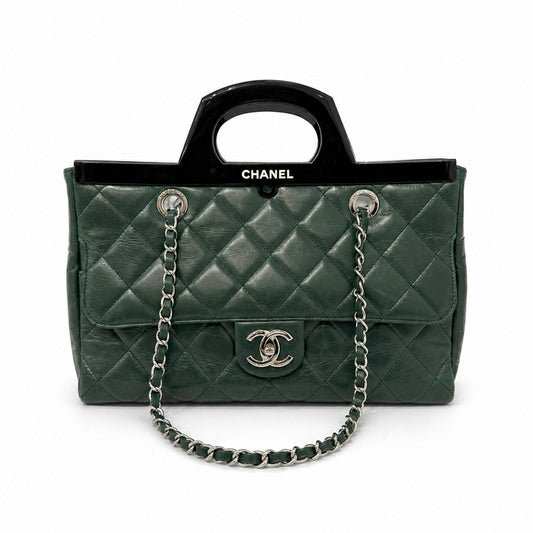 RARE Chanel Green Lambskin Leather Quilted Delivery Tote Bag