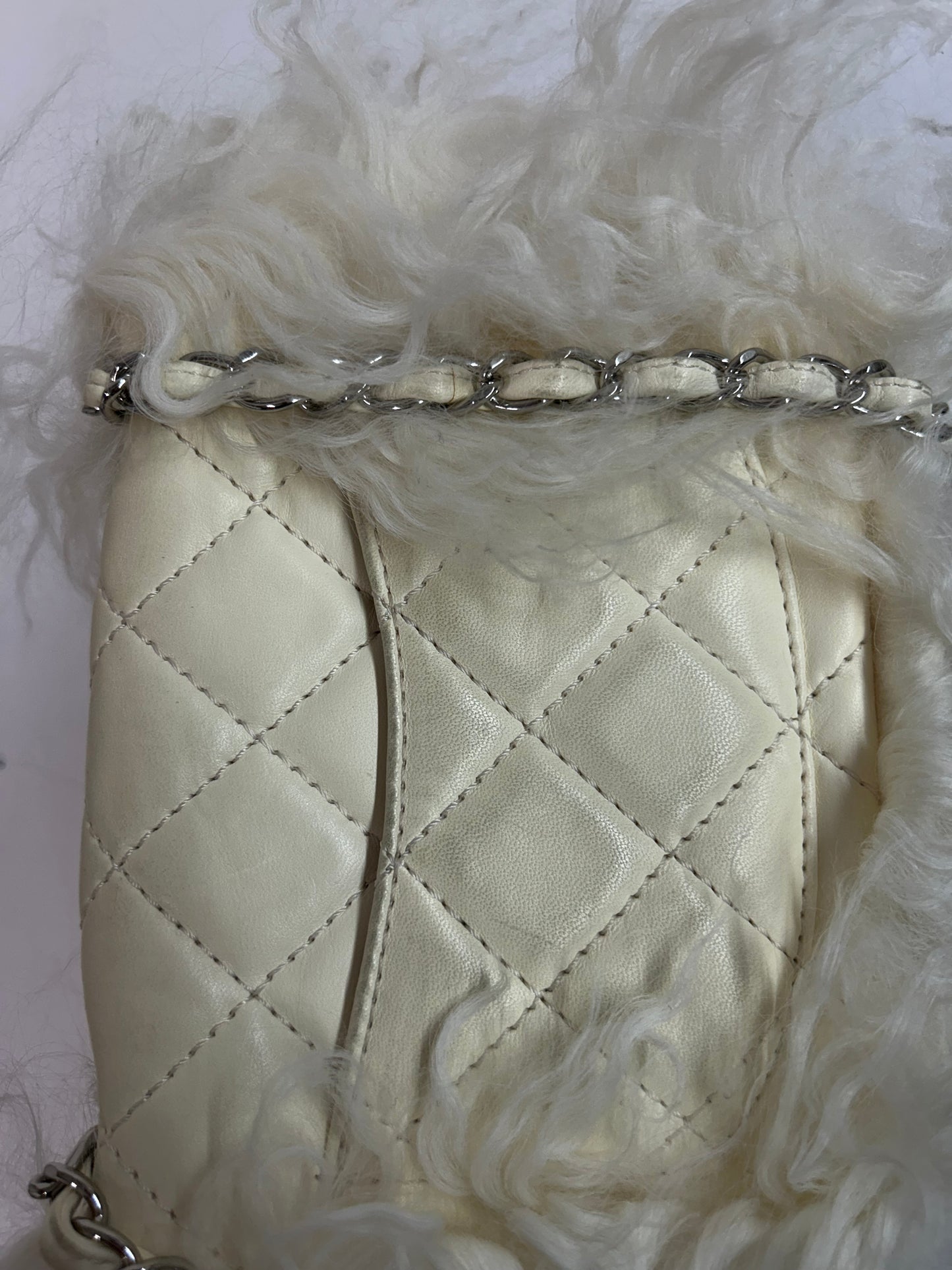 RARE Chanel White Lambskin & Mongolian Fur Mini Flap SHW