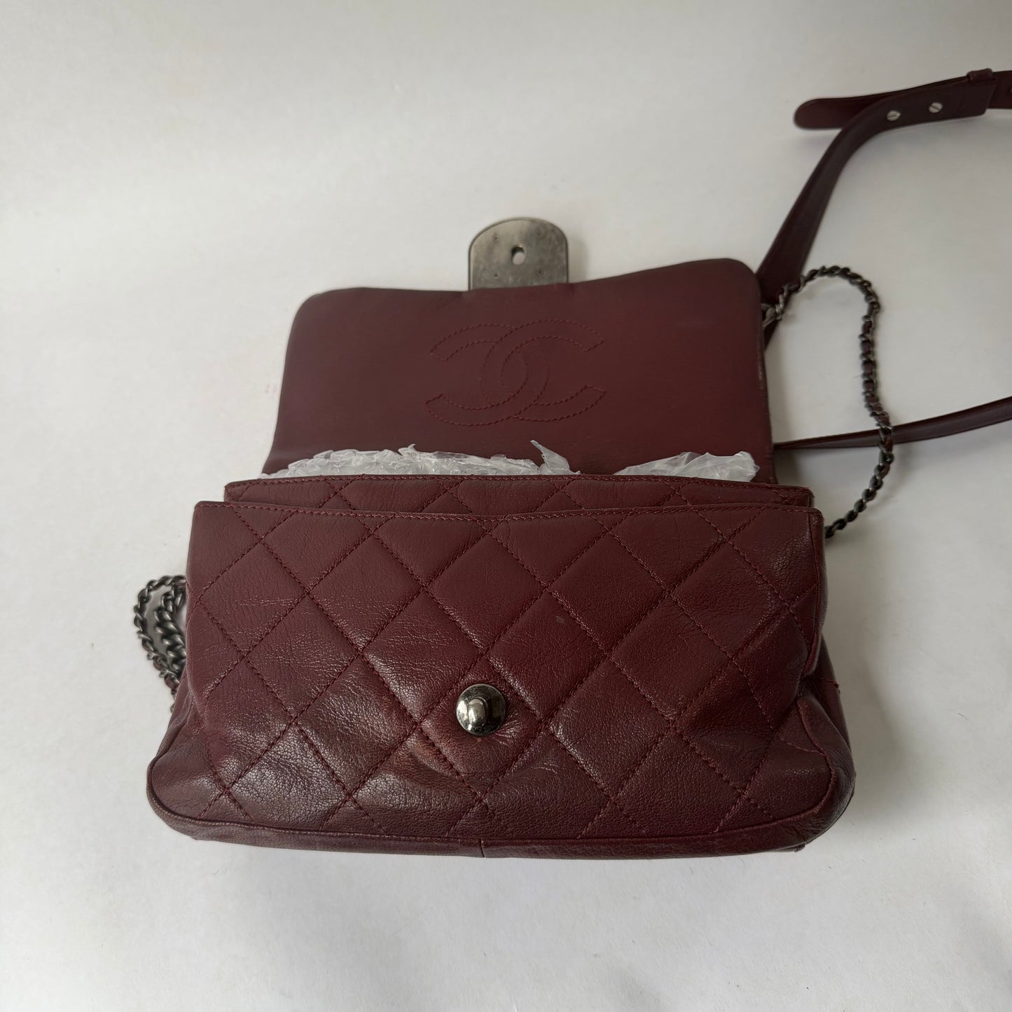 RARE Chanel Burgundy Leather Double Carry Waist Chain Flap