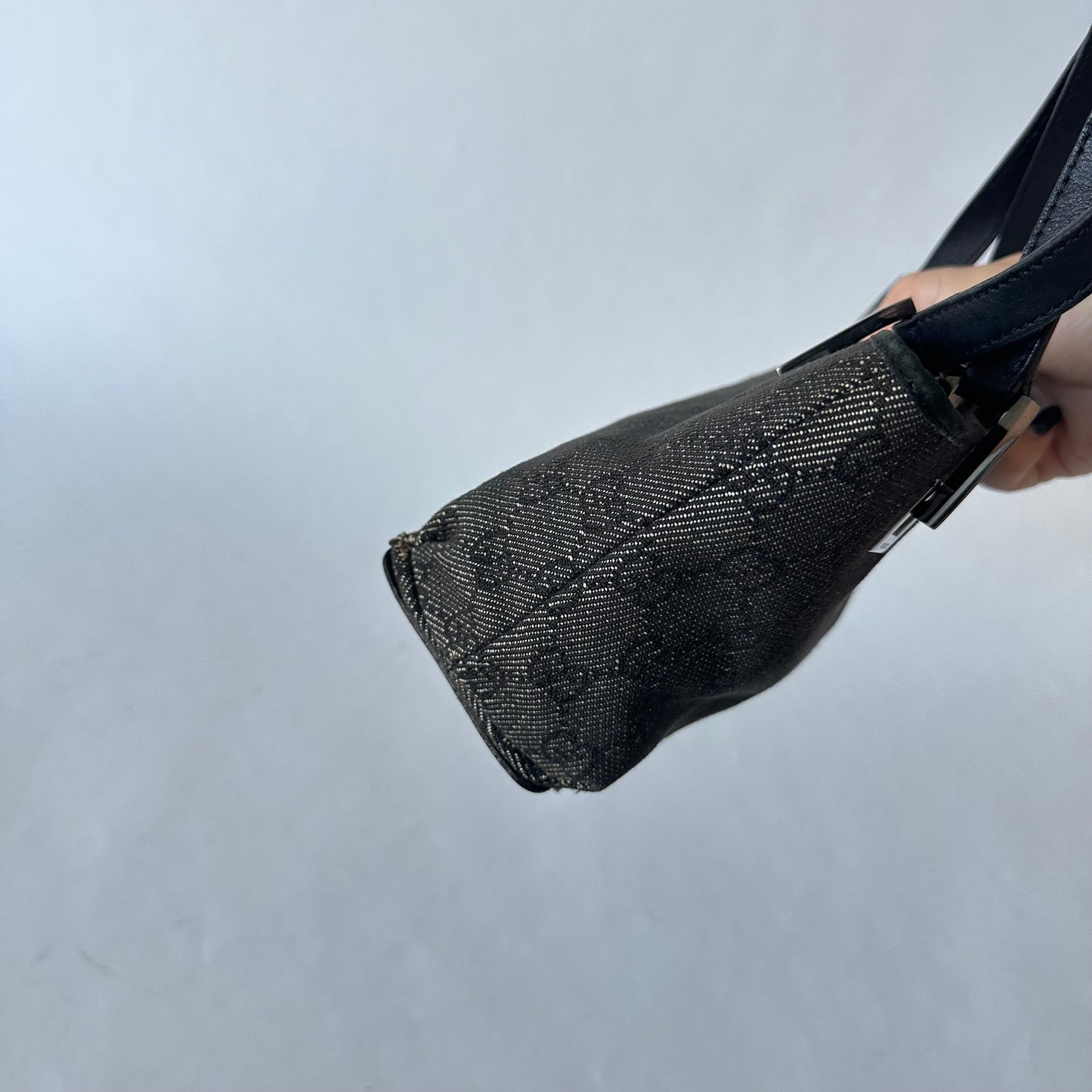 Gucci Black Denim Monogram Shoulder Bag w/ Leather Strap