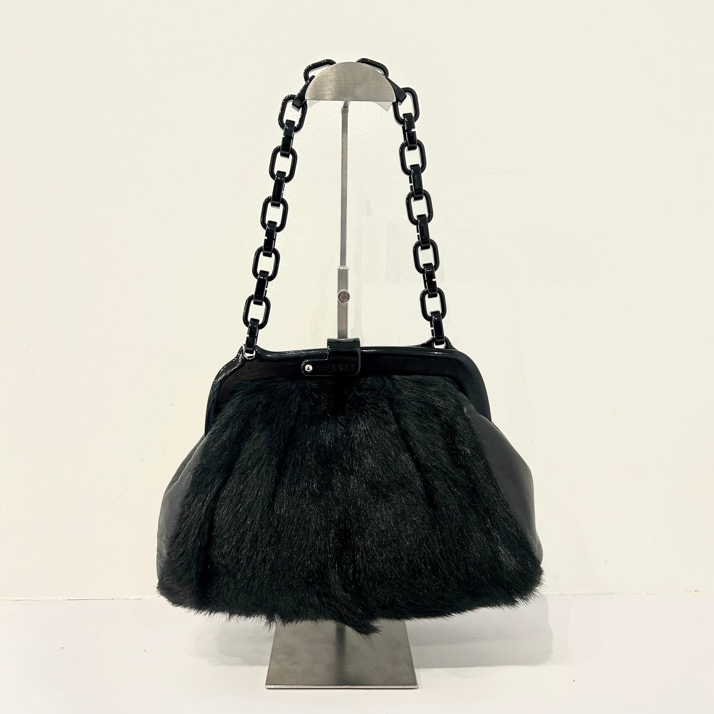 Chanel Black Fur Frame Shoulder Bag w/ Plastic Strap